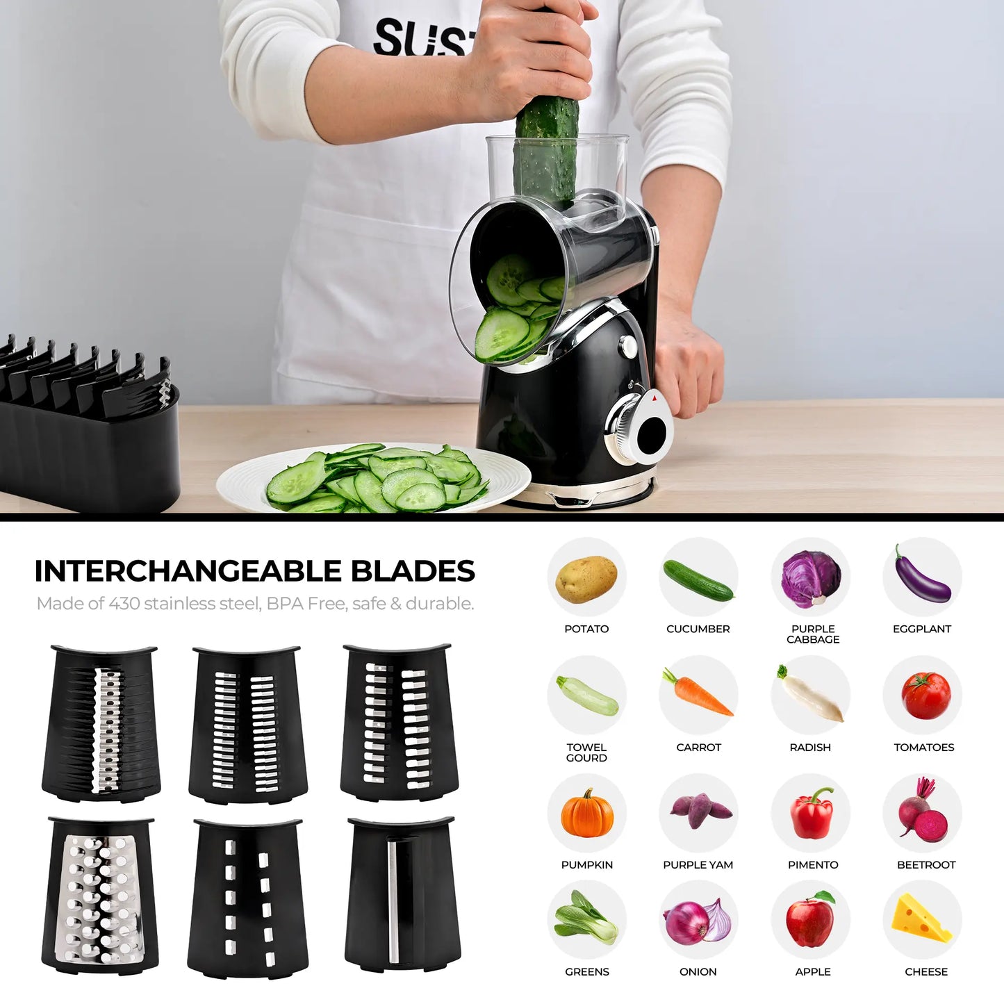 SUSTEAS 6-in-1 Vegetable Chopper & Rotary Cheese Grater – Strong Suction Base, Interchangeable Blades, Easy Kitchen Food Cutter (Beige)