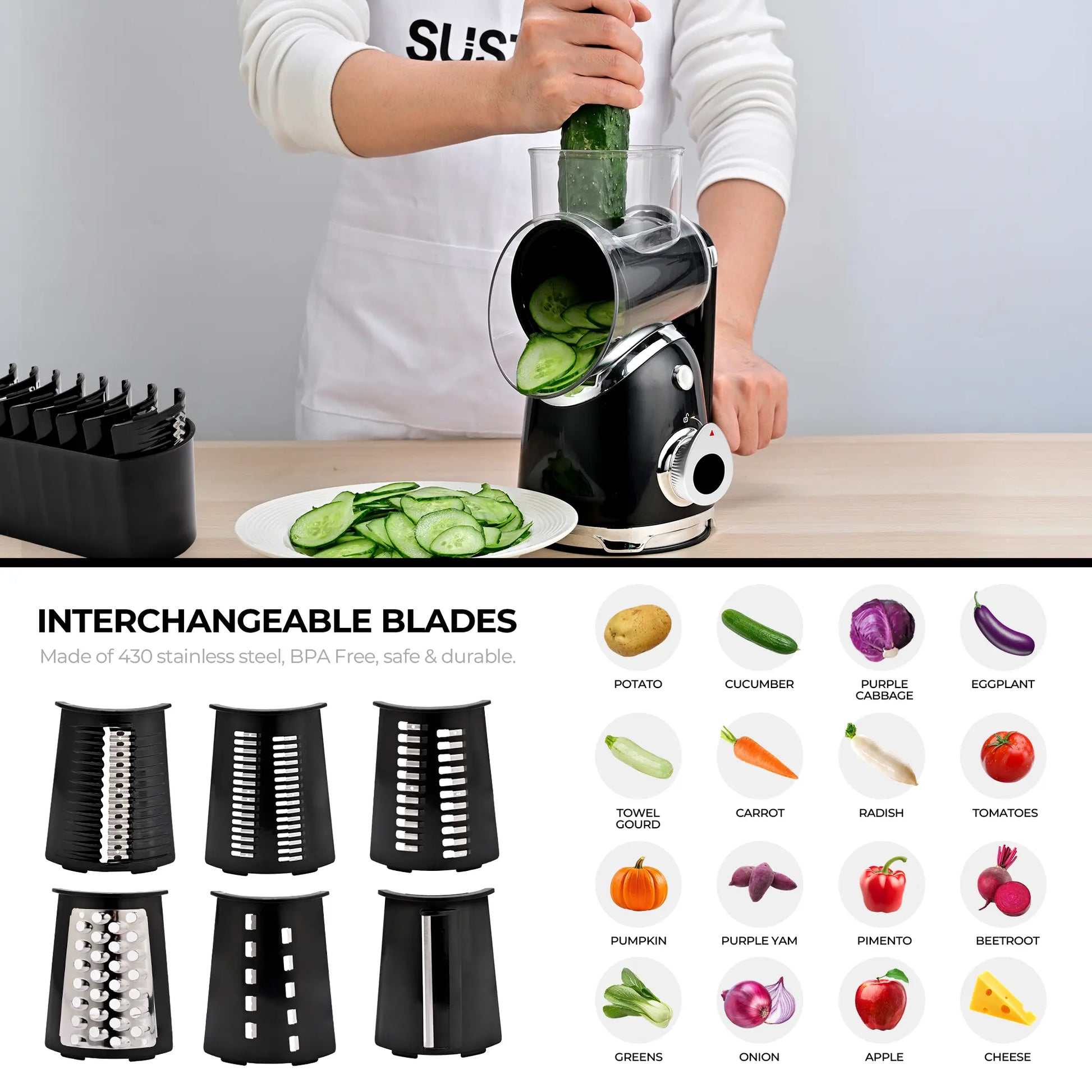 SUSTEAS 6-in-1 Vegetable Chopper & Rotary Cheese Grater – Strong Suction Base, Interchangeable Blades, Easy Kitchen Food Cutter (Beige)
