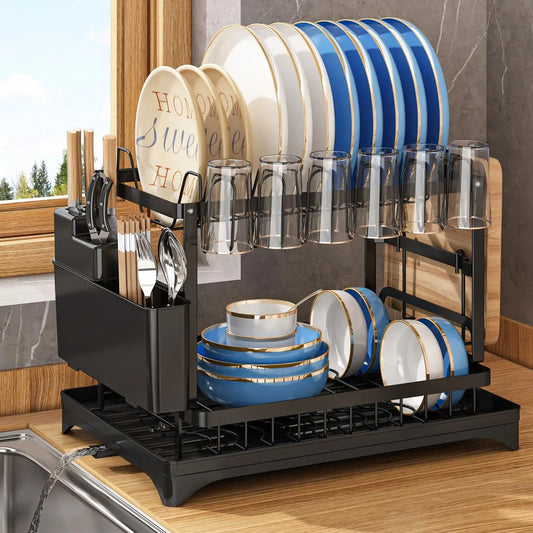 Dish Drying Rack, 1 Count 2-Tier Dish Rack with Drainboard, Dish Drainer Rack, 2-Layer Foldable Tableware Drain Storage Rack, Kitchen Accessories, Home Decor