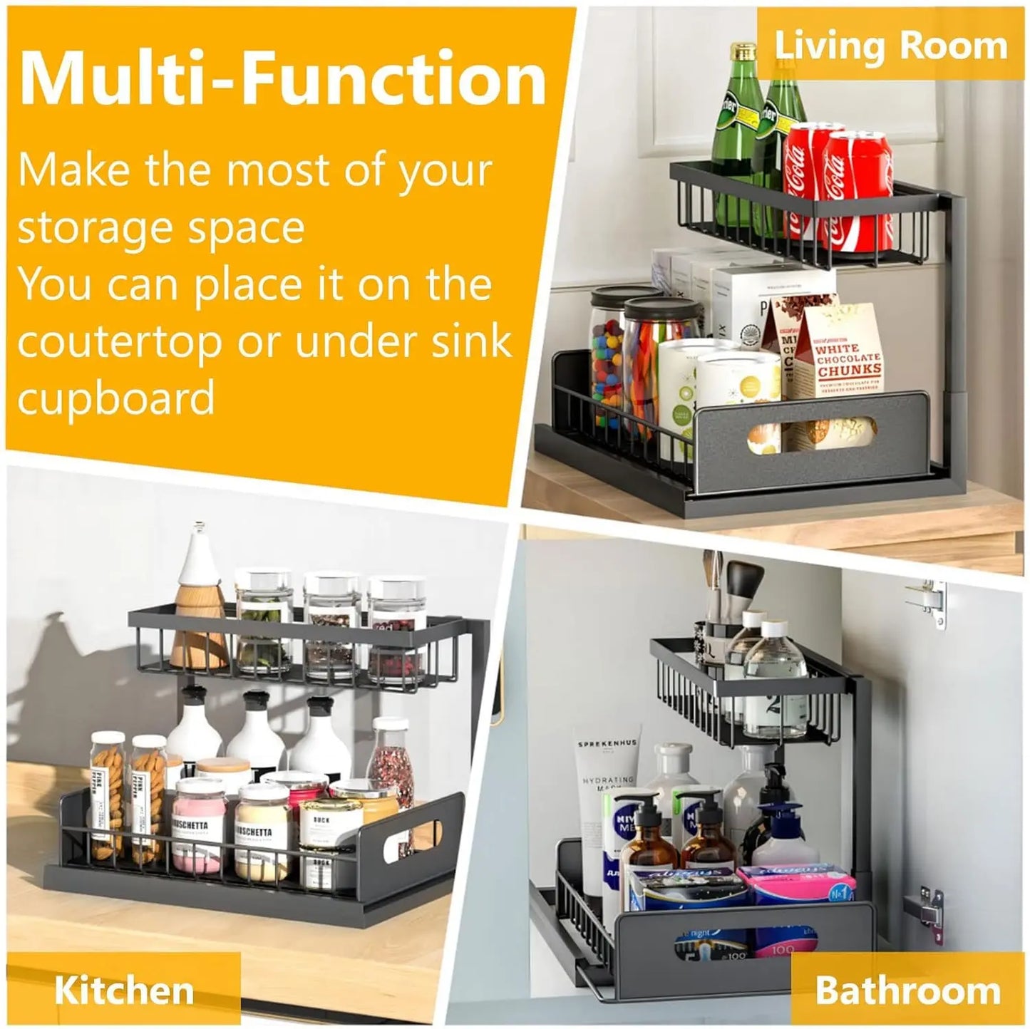 L-Shaped Pull Out under Sink Organizer,2 Tier Slide Out Kitchen Cabinet Organizer Sturdy Metal Bathroom Storage, Black