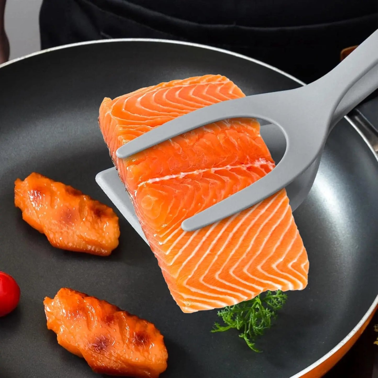 Egg Flipper Spatula 2 PCS 2 in 1 Grip and Flip Spatula Tongs for Kitchen Cooking Tools Black and Gray Non-Stick Nylon Ergonomic Design Dishwasher Safe