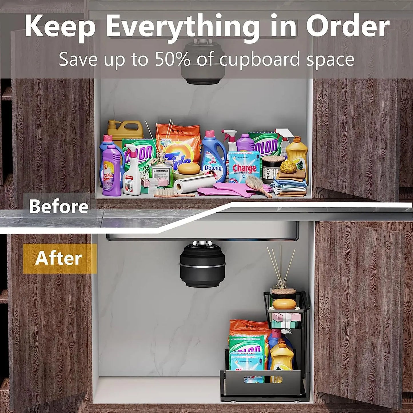 L-Shaped Pull Out under Sink Organizer,2 Tier Slide Out Kitchen Cabinet Organizer Sturdy Metal Bathroom Storage, Black