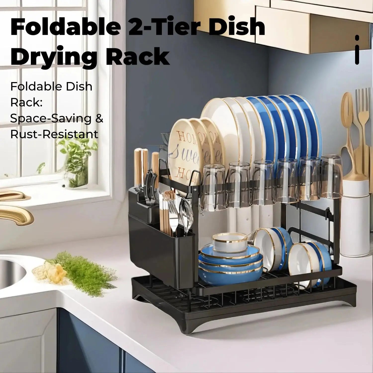 Dish Drying Rack, 1 Count 2-Tier Dish Rack with Drainboard, Dish Drainer Rack, 2-Layer Foldable Tableware Drain Storage Rack, Kitchen Accessories, Home Decor