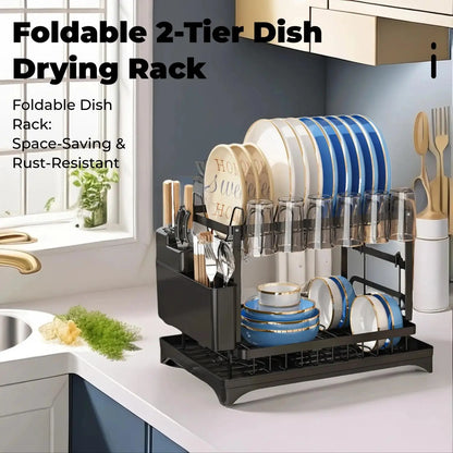 Dish Drying Rack, 1 Count 2-Tier Dish Rack with Drainboard, Dish Drainer Rack, 2-Layer Foldable Tableware Drain Storage Rack, Kitchen Accessories, Home Decor