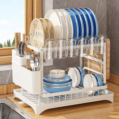 Dish Drying Rack, 1 Count 2-Tier Dish Rack with Drainboard, Dish Drainer Rack, 2-Layer Foldable Tableware Drain Storage Rack, Kitchen Accessories, Home Decor