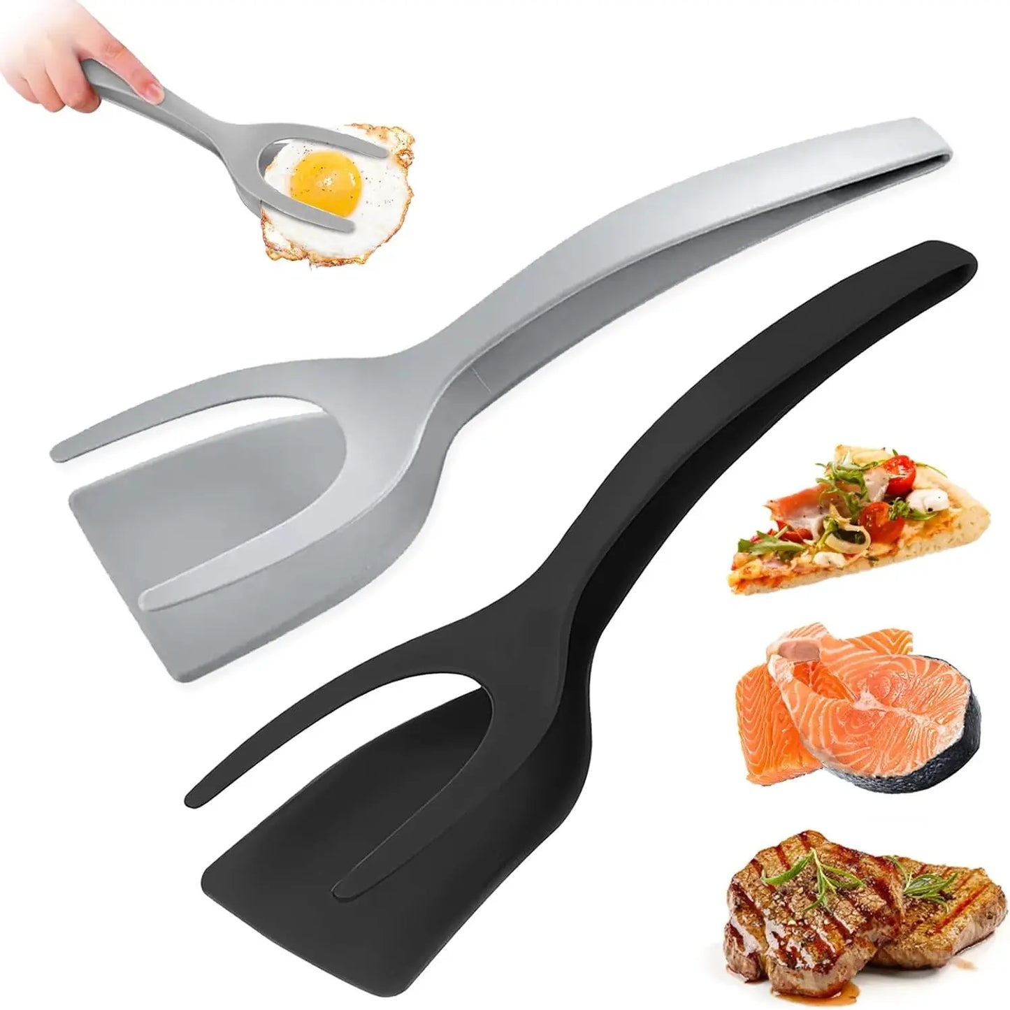 Egg Flipper Spatula 2 PCS 2 in 1 Grip and Flip Spatula Tongs for Kitchen Cooking Tools Black and Gray Non-Stick Nylon Ergonomic Design Dishwasher Safe