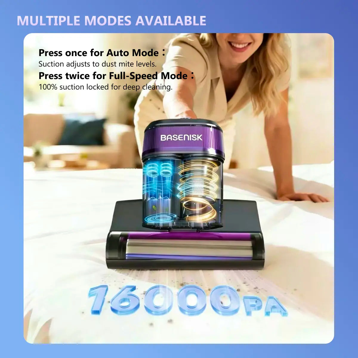 BASENISK Mattress Vacuum Cleaner for Dust Mites Removal, Bed Vacuum with 16Kpa Strong Suction, UV-C Light & 149°F Hot Air Drying & LED Display, Aromatherapy & HEPA Filter, Deep Cleaning for Bed Sofa Couch, Smart&Lightweight, Mother‘S Day Gift,#Summervibes