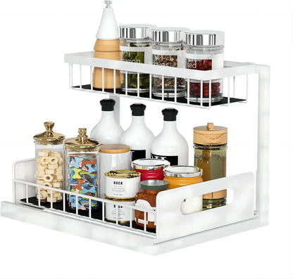 L-Shaped Pull Out under Sink Organizer,2 Tier Slide Out Kitchen Cabinet Organizer Sturdy Metal Bathroom Storage, Black