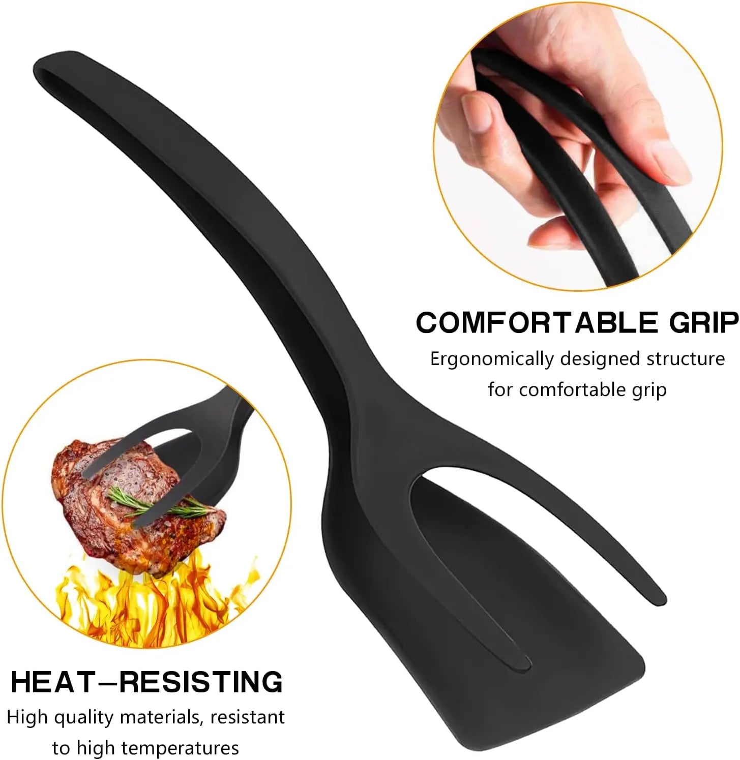 Egg Flipper Spatula 2 PCS 2 in 1 Grip and Flip Spatula Tongs for Kitchen Cooking Tools Black and Gray Non-Stick Nylon Ergonomic Design Dishwasher Safe