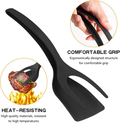 Egg Flipper Spatula 2 PCS 2 in 1 Grip and Flip Spatula Tongs for Kitchen Cooking Tools Black and Gray Non-Stick Nylon Ergonomic Design Dishwasher Safe