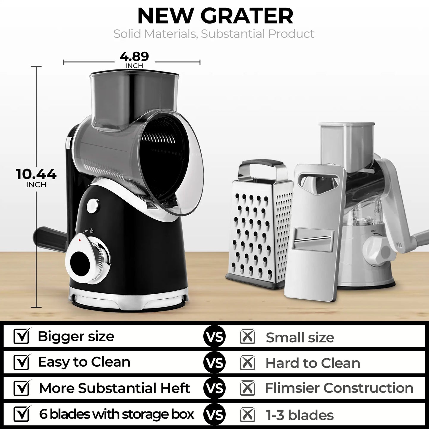 SUSTEAS 6-in-1 Vegetable Chopper & Rotary Cheese Grater – Strong Suction Base, Interchangeable Blades, Easy Kitchen Food Cutter (Beige)