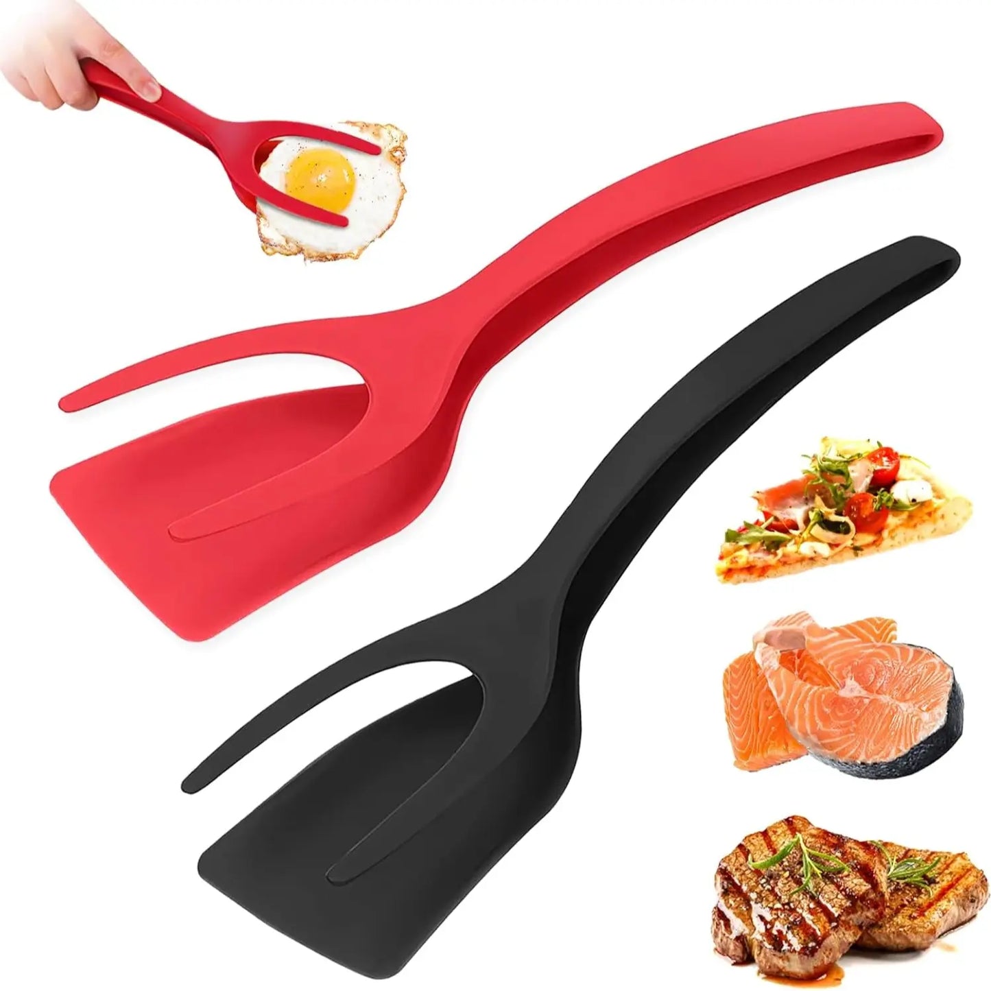 Egg Flipper Spatula 2 PCS 2 in 1 Grip and Flip Spatula Tongs for Kitchen Cooking Tools Black and Gray Non-Stick Nylon Ergonomic Design Dishwasher Safe