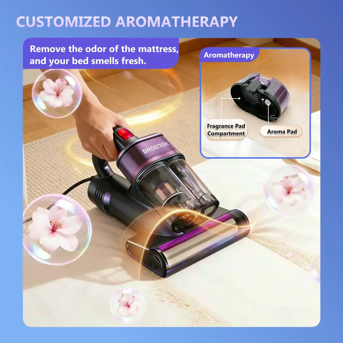 BASENISK Mattress Vacuum Cleaner for Dust Mites Removal, Bed Vacuum with 16Kpa Strong Suction, UV-C Light & 149°F Hot Air Drying & LED Display, Aromatherapy & HEPA Filter, Deep Cleaning for Bed Sofa Couch, Smart&Lightweight, Mother‘S Day Gift,#Summervibes