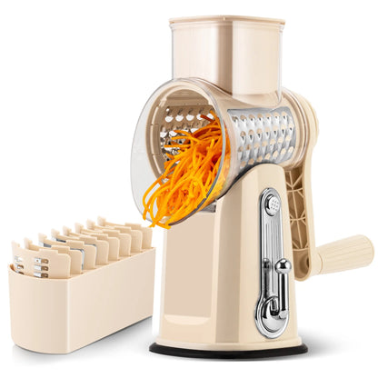 SUSTEAS 6-in-1 Vegetable Chopper & Rotary Cheese Grater – Strong Suction Base, Interchangeable Blades, Easy Kitchen Food Cutter (Beige)