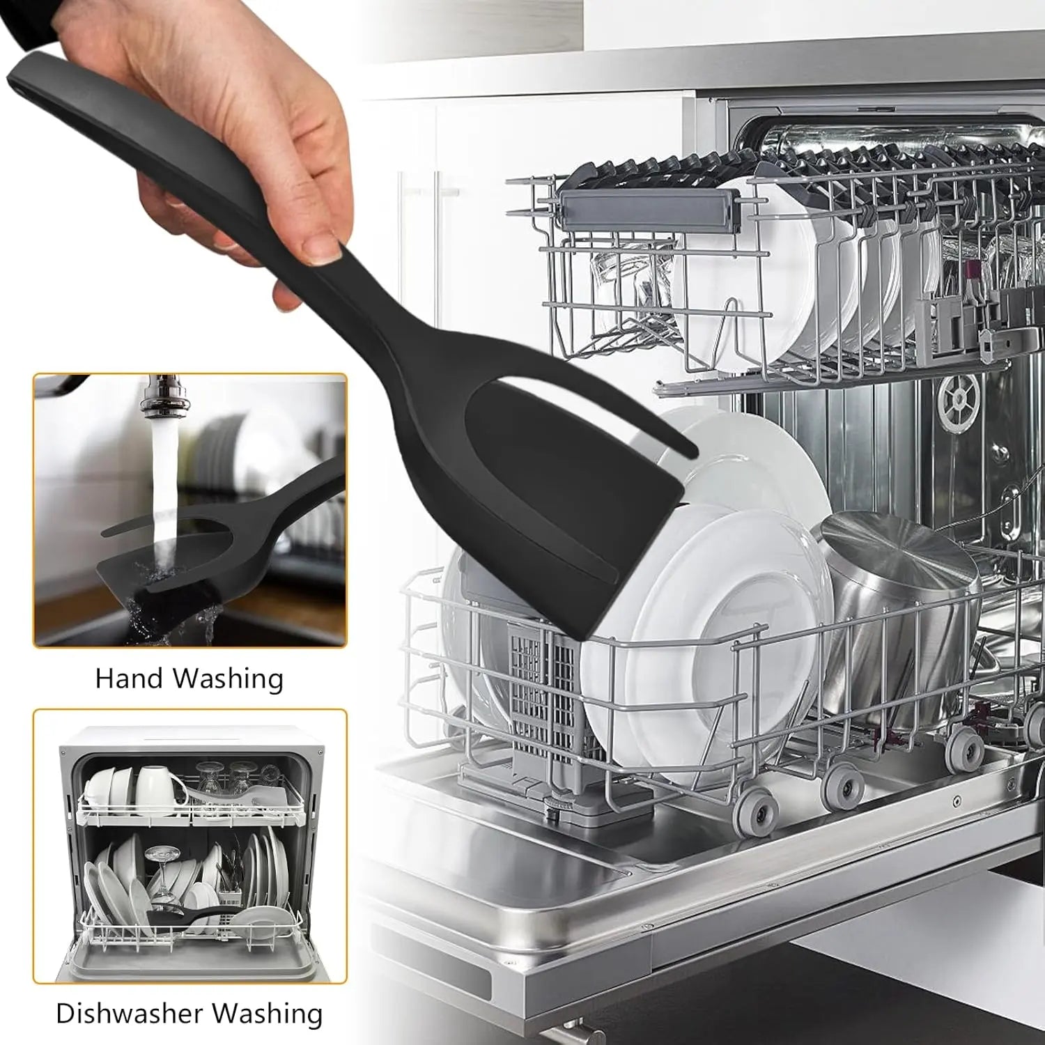Egg Flipper Spatula 2 PCS 2 in 1 Grip and Flip Spatula Tongs for Kitchen Cooking Tools Black and Gray Non-Stick Nylon Ergonomic Design Dishwasher Safe