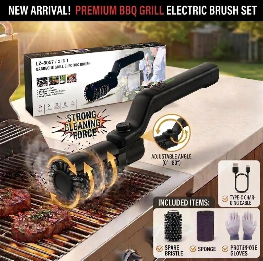 Professional L-Shaped Electric BBQ Grill Brush Cordless High-Torque Roller Cleaner with 180° Flex Head for Grill Grates Cast Iron Cookware and Ovens Durable Power Scrubber USB Rechargeable