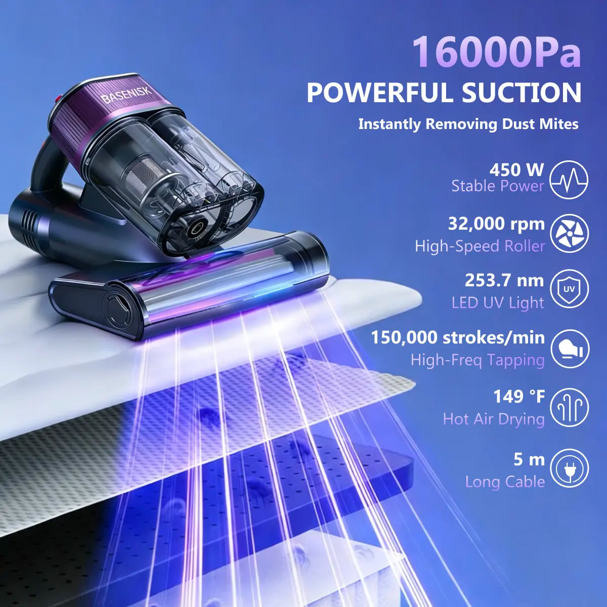 BASENISK Mattress Vacuum Cleaner for Dust Mites Removal, Bed Vacuum with 16Kpa Strong Suction, UV-C Light & 149°F Hot Air Drying & LED Display, Aromatherapy & HEPA Filter, Deep Cleaning for Bed Sofa Couch, Smart&Lightweight, Mother‘S Day Gift,#Summervibes