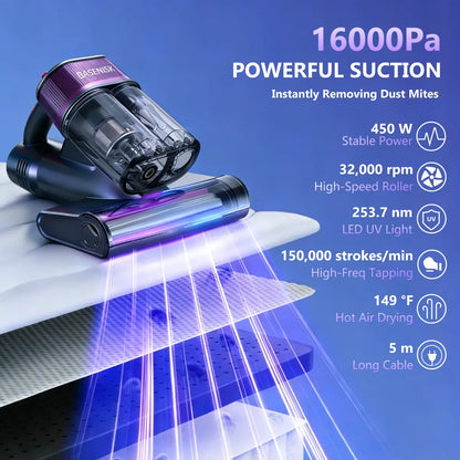 BASENISK Mattress Vacuum Cleaner for Dust Mites Removal, Bed Vacuum with 16Kpa Strong Suction, UV-C Light & 149°F Hot Air Drying & LED Display, Aromatherapy & HEPA Filter, Deep Cleaning for Bed Sofa Couch, Smart&Lightweight, Mother‘S Day Gift,#Summervibes
