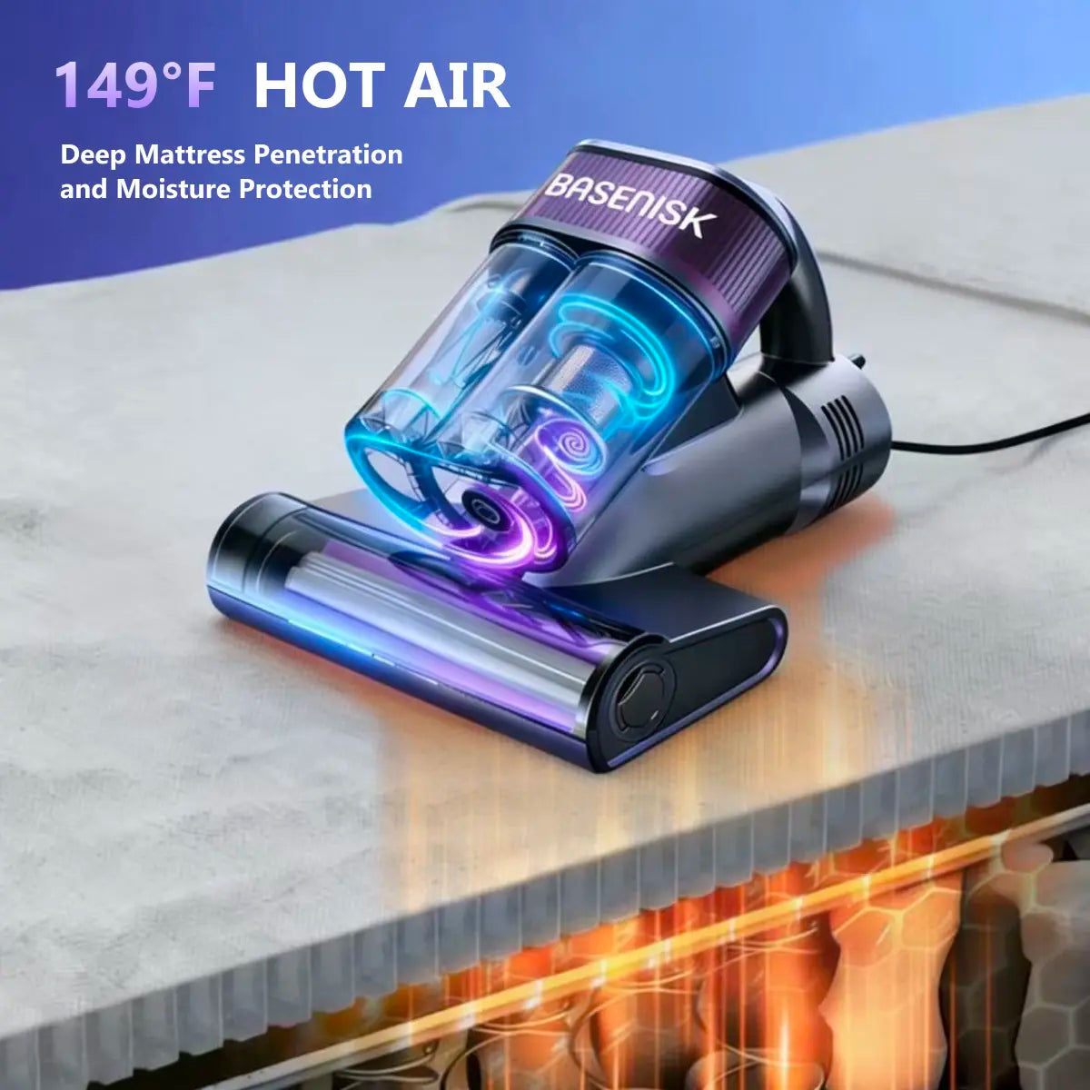 BASENISK Mattress Vacuum Cleaner for Dust Mites Removal, Bed Vacuum with 16Kpa Strong Suction, UV-C Light & 149°F Hot Air Drying & LED Display, Aromatherapy & HEPA Filter, Deep Cleaning for Bed Sofa Couch, Smart&Lightweight, Mother‘S Day Gift,#Summervibes