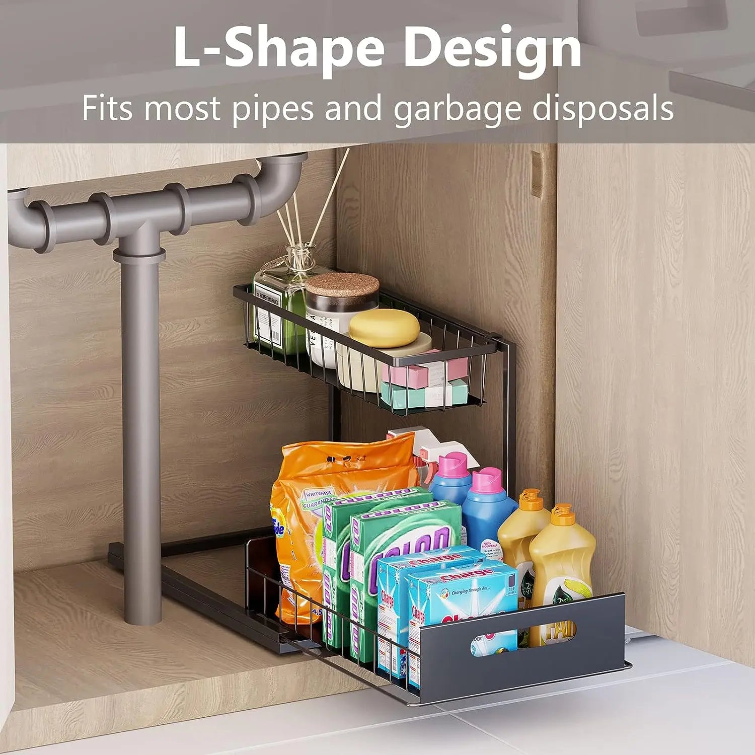 L-Shaped Pull Out under Sink Organizer,2 Tier Slide Out Kitchen Cabinet Organizer Sturdy Metal Bathroom Storage, Black