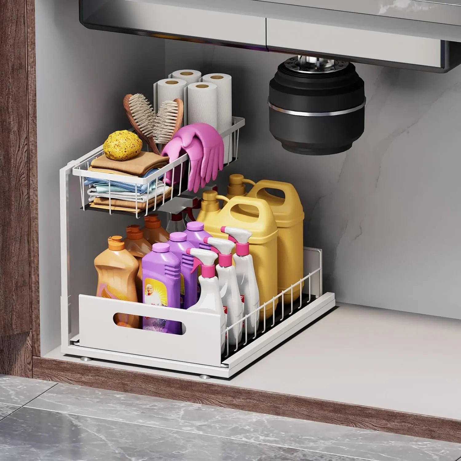 L-Shaped Pull Out under Sink Organizer,2 Tier Slide Out Kitchen Cabinet Organizer Sturdy Metal Bathroom Storage, Black