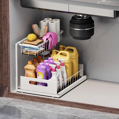 L-Shaped Pull Out under Sink Organizer,2 Tier Slide Out Kitchen Cabinet Organizer Sturdy Metal Bathroom Storage, Black