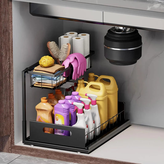 L-Shaped Pull Out under Sink Organizer,2 Tier Slide Out Kitchen Cabinet Organizer Sturdy Metal Bathroom Storage, Black