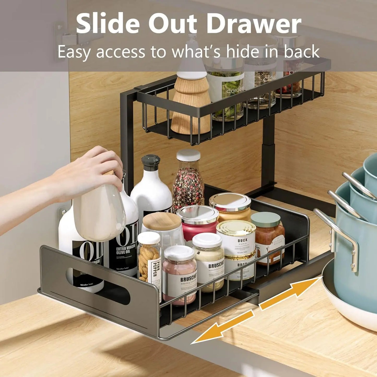 L-Shaped Pull Out under Sink Organizer,2 Tier Slide Out Kitchen Cabinet Organizer Sturdy Metal Bathroom Storage, Black