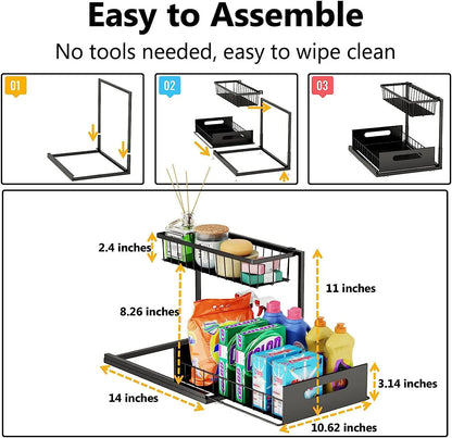 L-Shaped Pull Out under Sink Organizer,2 Tier Slide Out Kitchen Cabinet Organizer Sturdy Metal Bathroom Storage, Black