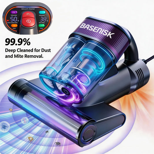 BASENISK Mattress Vacuum Cleaner for Dust Mites Removal, Bed Vacuum with 16Kpa Strong Suction, UV-C Light & 149°F Hot Air Drying & LED Display, Aromatherapy & HEPA Filter, Deep Cleaning for Bed Sofa Couch, Smart&Lightweight, Mother‘S Day Gift,#Summervibes