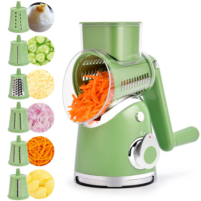 SUSTEAS 6-in-1 Vegetable Chopper & Rotary Cheese Grater – Strong Suction Base, Interchangeable Blades, Easy Kitchen Food Cutter (Beige)