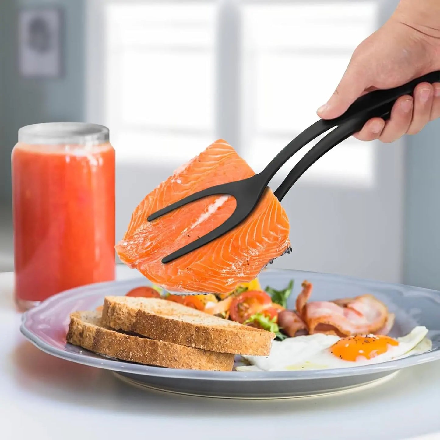 Egg Flipper Spatula 2 PCS 2 in 1 Grip and Flip Spatula Tongs for Kitchen Cooking Tools Black and Gray Non-Stick Nylon Ergonomic Design Dishwasher Safe