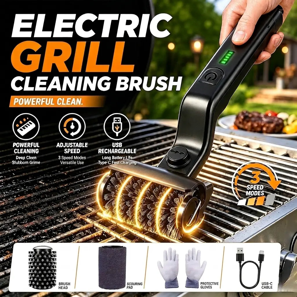 Professional L-Shaped Electric BBQ Grill Brush Cordless High-Torque Roller Cleaner with 180° Flex Head for Grill Grates Cast Iron Cookware and Ovens Durable Power Scrubber USB Rechargeable