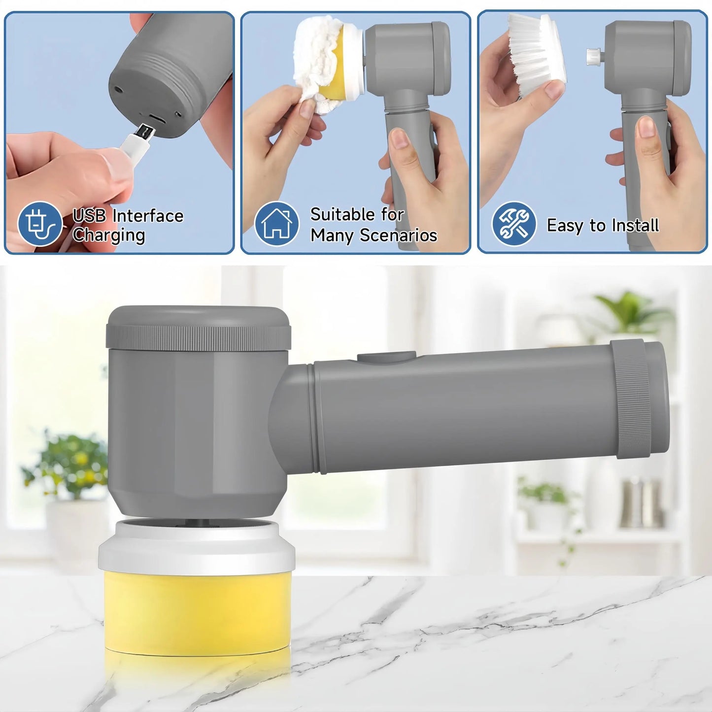 Electric Spin Scrubber, 1 Set Handheld Kitchen Cleaning Brush with Replacement Heads, USB Rechargeable Cordless Spin Scrubber for Home, Summer for Gift, Home Cleaning Tool, Cordless Power Scrubber