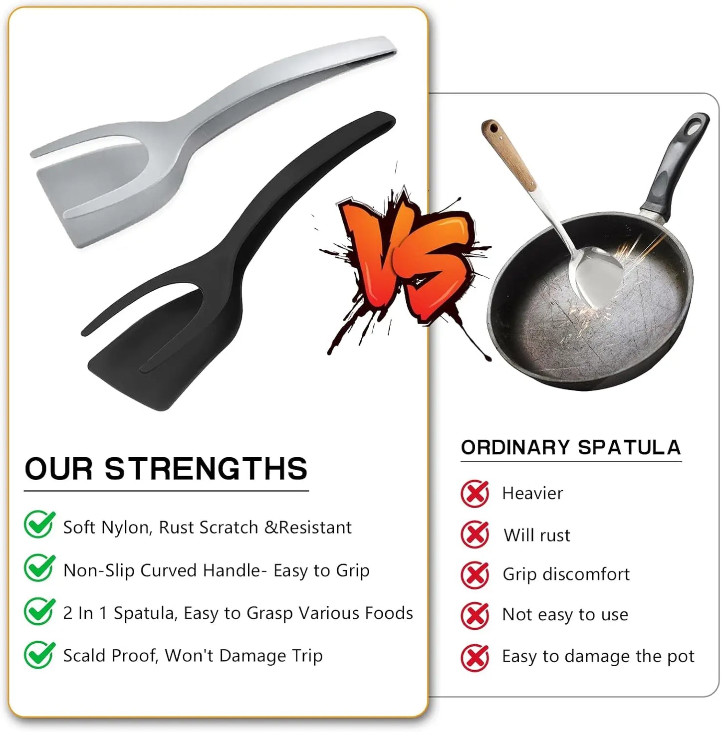 Egg Flipper Spatula 2 PCS 2 in 1 Grip and Flip Spatula Tongs for Kitchen Cooking Tools Black and Gray Non-Stick Nylon Ergonomic Design Dishwasher Safe