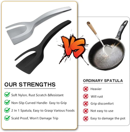 Egg Flipper Spatula 2 PCS 2 in 1 Grip and Flip Spatula Tongs for Kitchen Cooking Tools Black and Gray Non-Stick Nylon Ergonomic Design Dishwasher Safe