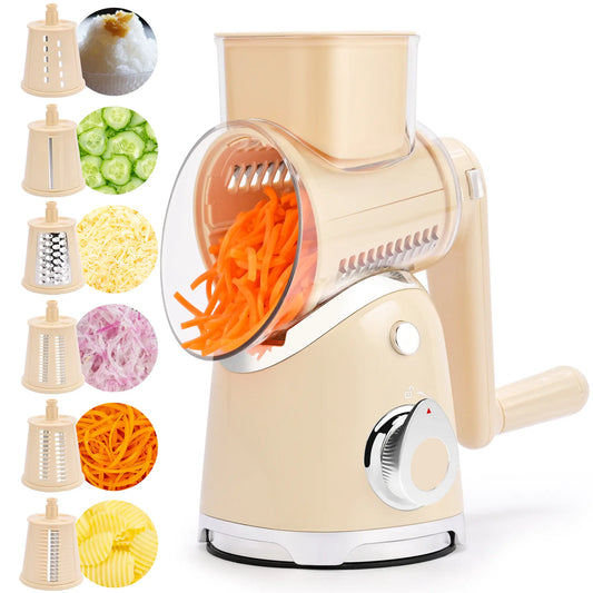 SUSTEAS 6-in-1 Vegetable Chopper & Rotary Cheese Grater – Strong Suction Base, Interchangeable Blades, Easy Kitchen Food Cutter (Beige)